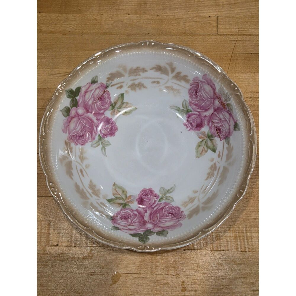 Antique German Porcelain Pink Cabbage Rose Berry Bowl 9 Inch Made In Germany